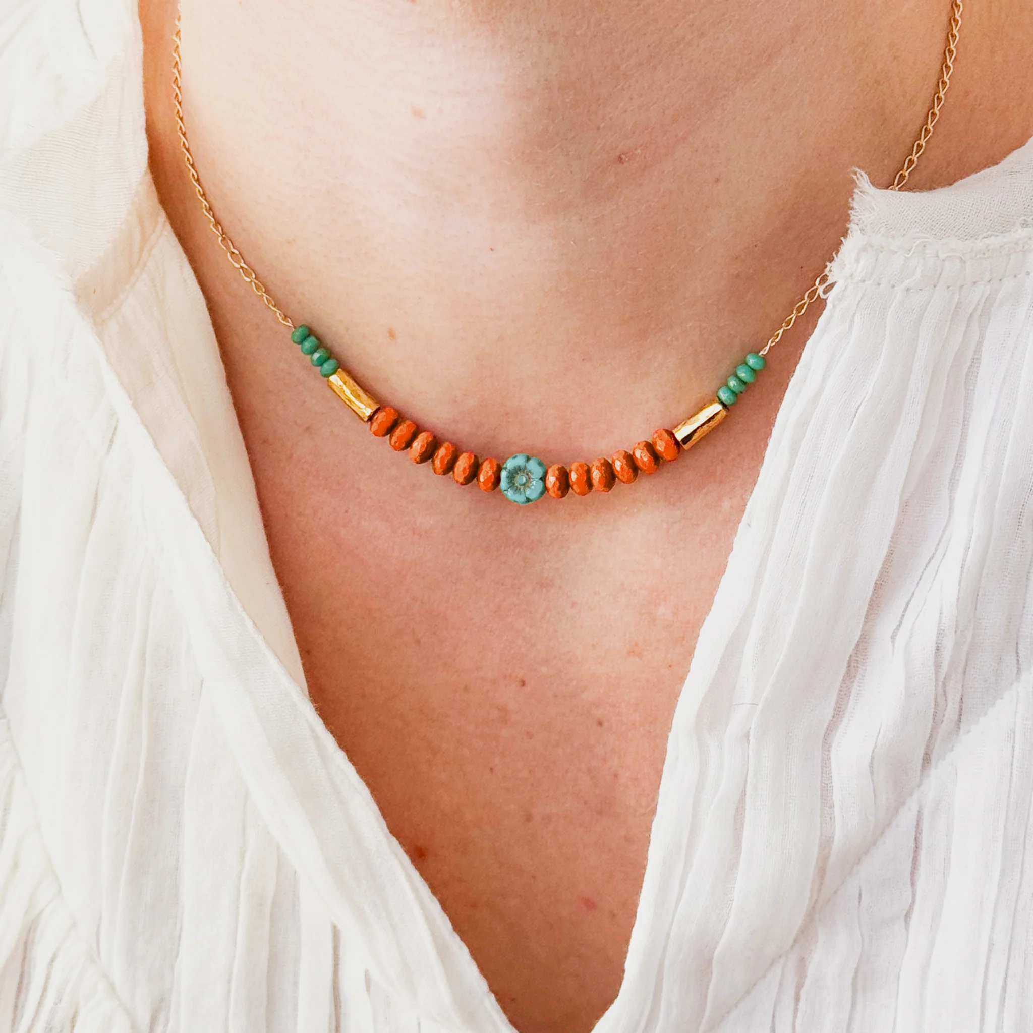Blue Flower and Coral Beads Necklace - Image 2