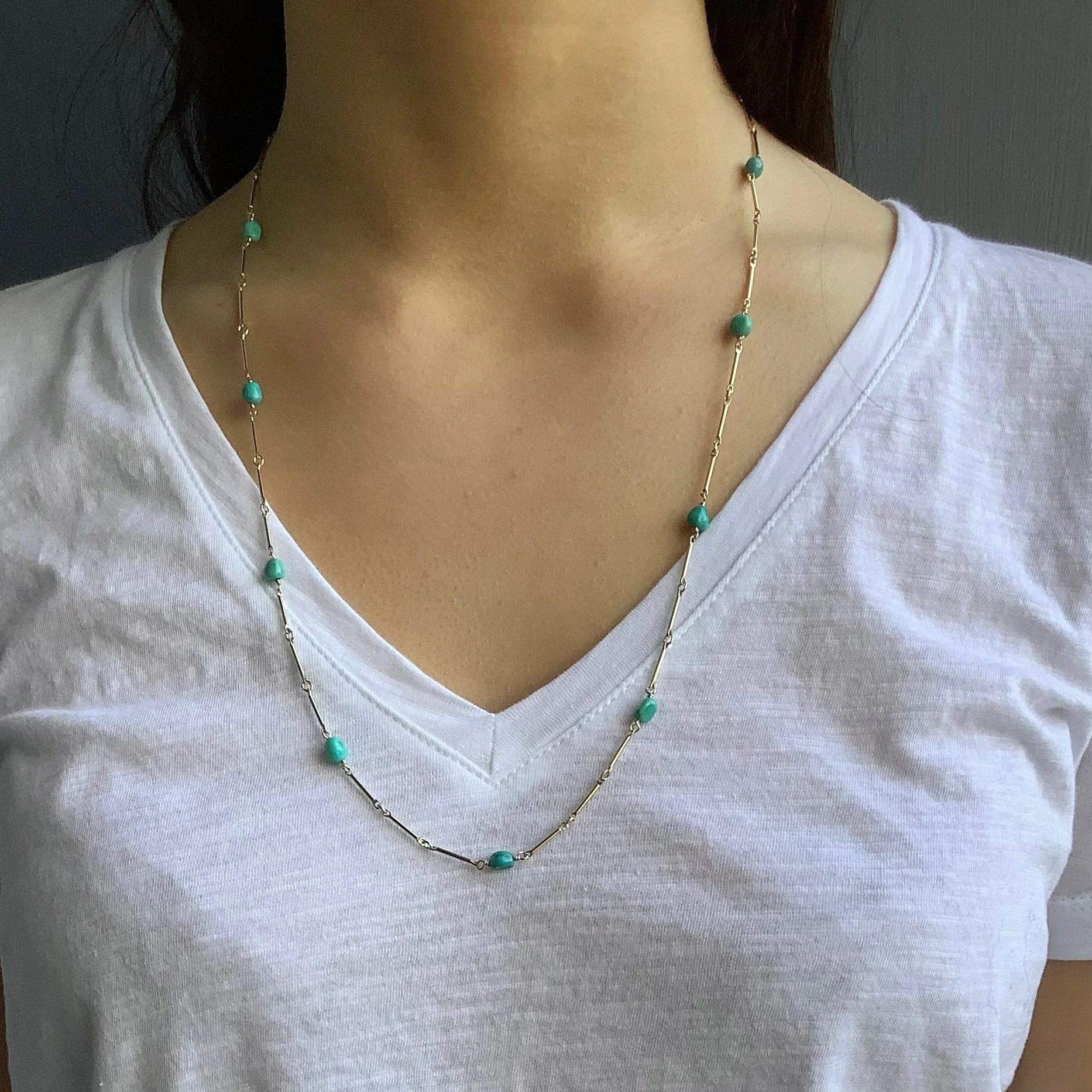 Turquoise on Silver Bar Chain Necklace - Image 2