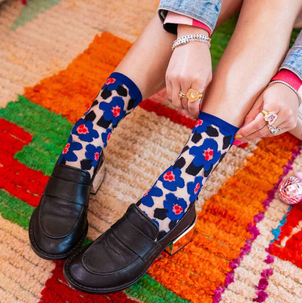Bold Blue Floral Sheer Crew Socks - Image 2