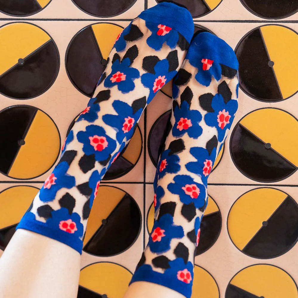 Bold Blue Floral Sheer Crew Socks - Image 3